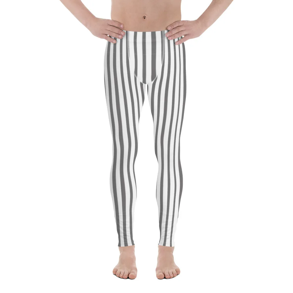 Grey White Striped Men's Leggings, Gray And White Vertically Striped Meggings-Made in USA/EU