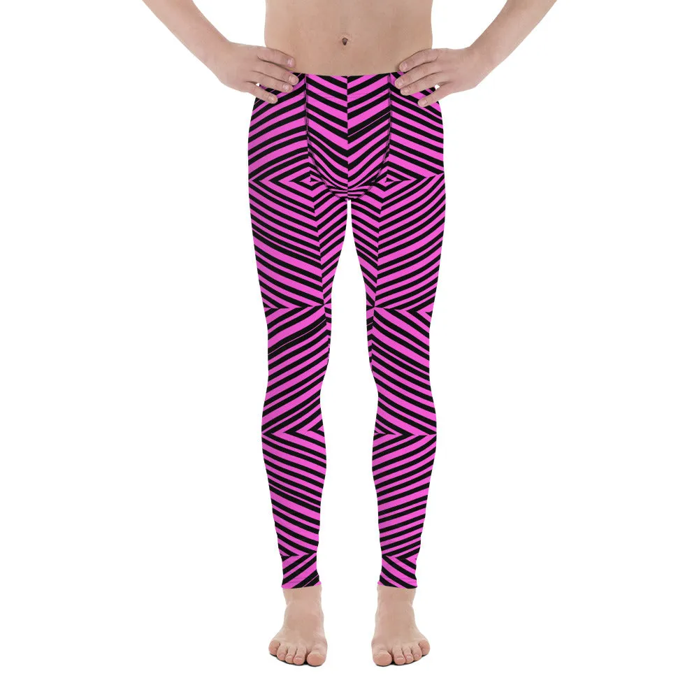 Hot Pink Striped Meggings, Diagonal Striped Men's Leggings Run Tights -Made in USA/EU