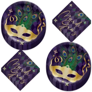 Masquerade Mardi Gras Purple & Peacock Paper Dinner Plates and Lunch Napkins (Serves 16)