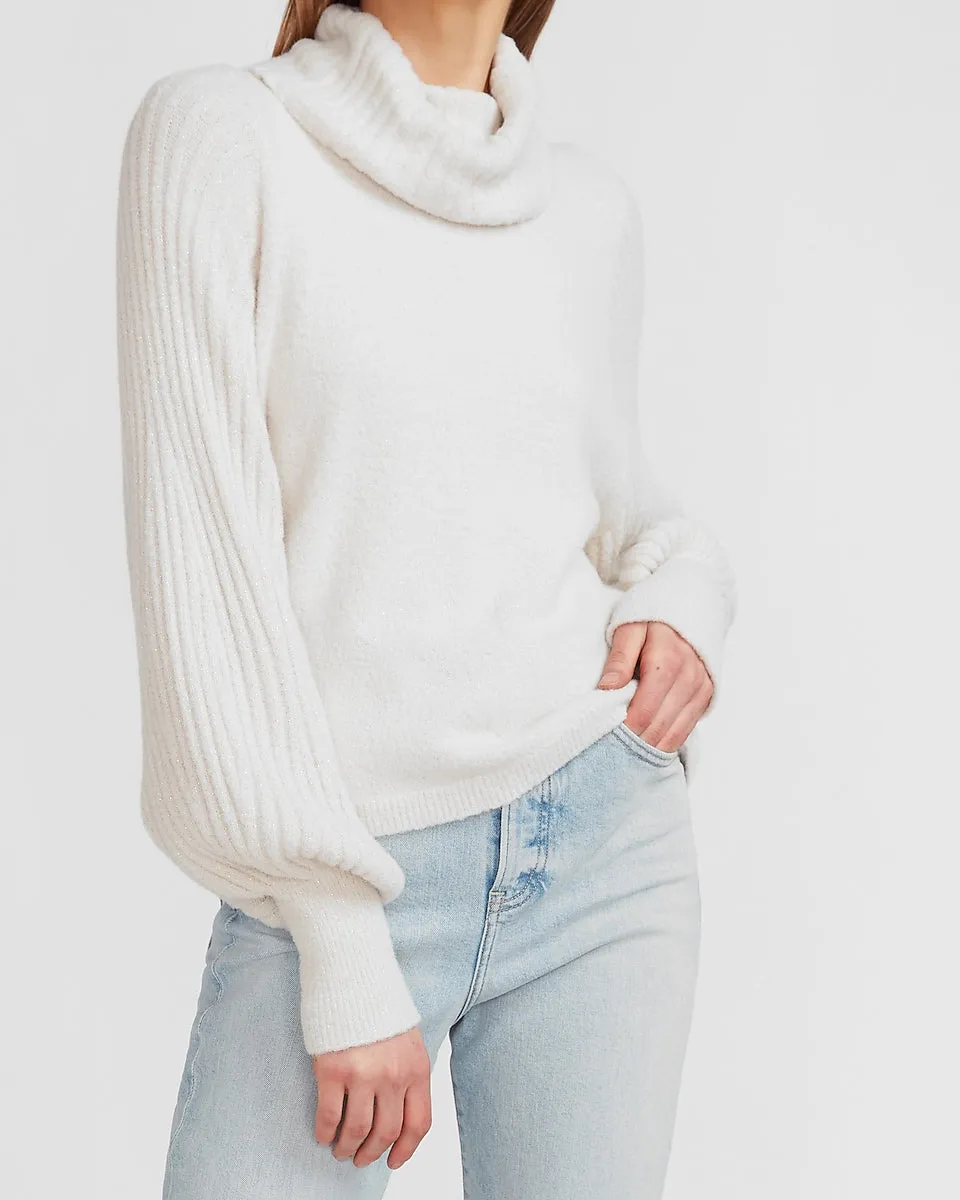 Metallic Ribbed Cowl Neck Sweater in Oatmeal