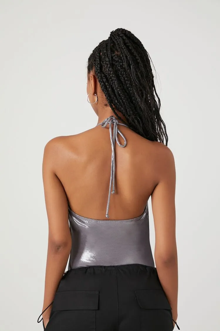 Rhinestone Metallic Halter Bodysuit