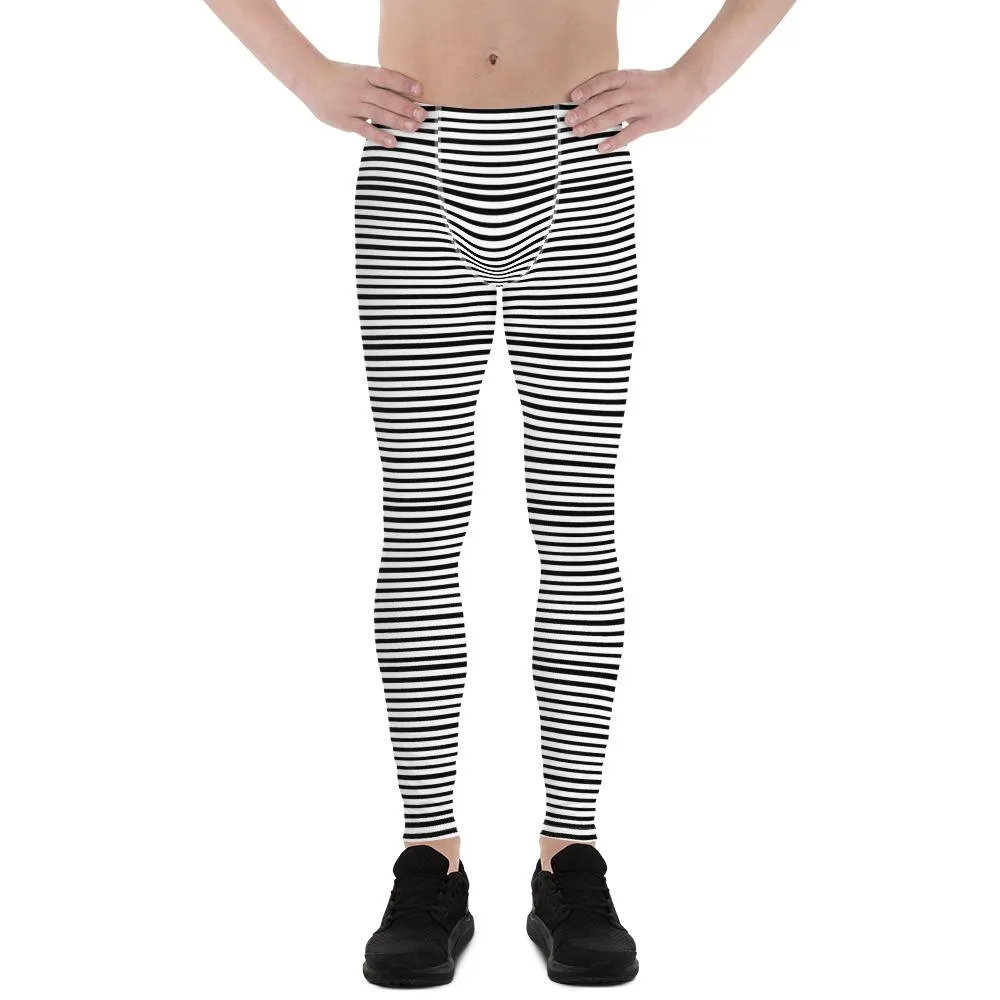 White Black Stripes Men Tights, Best Horizontal Print Premium Men's Leggings Meggings - Made in USA/EU