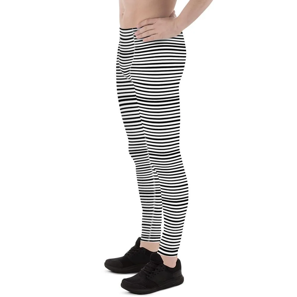 White Black Stripes Men Tights, Best Horizontal Print Premium Men's Leggings Meggings - Made in USA/EU